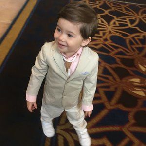 Size 18M Mayoral Beige Blazer with Blue Pocket Sq